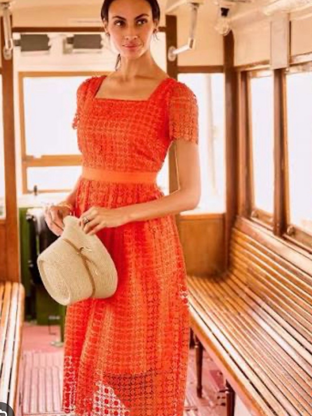 Talbots Orange Square-Neck Lace Midi Dress
